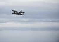 A 14th Fighter Squadron F-16 Fighting Falcon soars into the sky at Misawa Air Base, Japan, April 19, 2017. A total of eight F-16 Fighting Falcons flew in a bilateral exercise, along with eight F-15DJ Eagle, two Mitsubishi F-2As, two C-130E Hercules, and a Boeing E-767 airborne early warning and control aircraft belonging to Koku-Jieitai units at Misawa and Chitose Air Bases. The bi-annual exercise has been planned for several months prior to execution. The 35th Fighter Wing provides continuous operational support that contributes to peace in the Pacific and the mutual defense of Japan. (U.S. Air Force photo by Staff Sgt. Melanie A. Hutto)