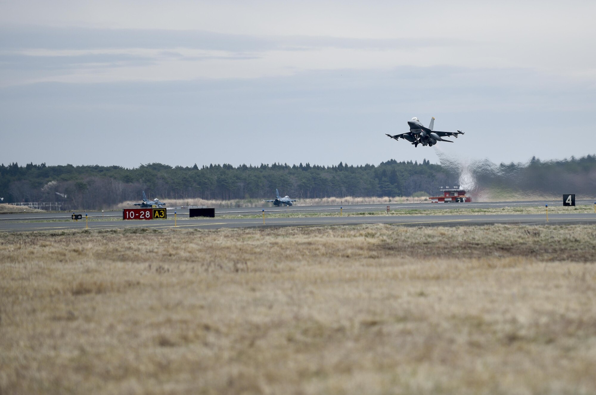 A 14th Fighter Squadron F-16 Fighting Falcon takes off as part of  a bilateral exercise at Misawa Air Base, Japan, April 19, 2017. During the exercise aircraft, simulating enemy aircraft, also known as “Red Air”, are challenged friendly aircraft known as “Blue Air”, this is also known as offensive and defensive counter-air maneuvers. Strengthening the abilities both offensively and defensively in the air is crucial to ensuring security and stability throughout the Indo-Asia-Pacific region. This training allowed those involved a realistic simulation of what to expect in combat. (U.S. Air Force photo by Staff Sgt. Melanie A. Hutto) 