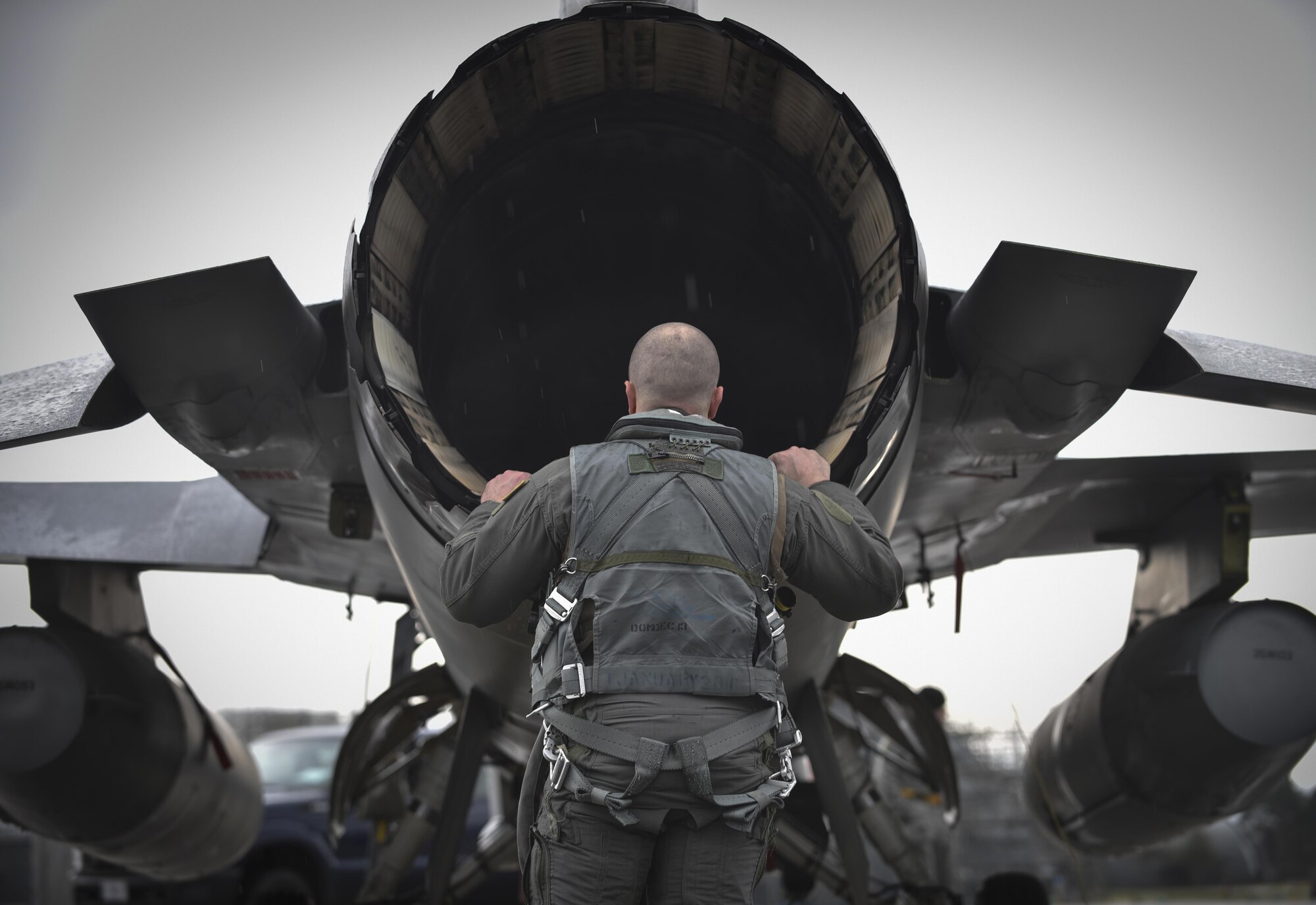 Lt. Col. Matthew Kenkel, the 14th Fighter Squadron director of operations inspects the exhaust nozzle and augmenter area of an F-16 Fighting Falcon prior to the start of of a bilateral exercise at Misawa Air Base Japan, April 19, 2017. The regularly scheduled exercise has been planned for several months. It is another key opportunity for the Air Force and Japan Air Self- Defense Forces to practice combat capabilities together. (U.S. Air Force photo by Staff Sgt. Melanie A. Hutto)