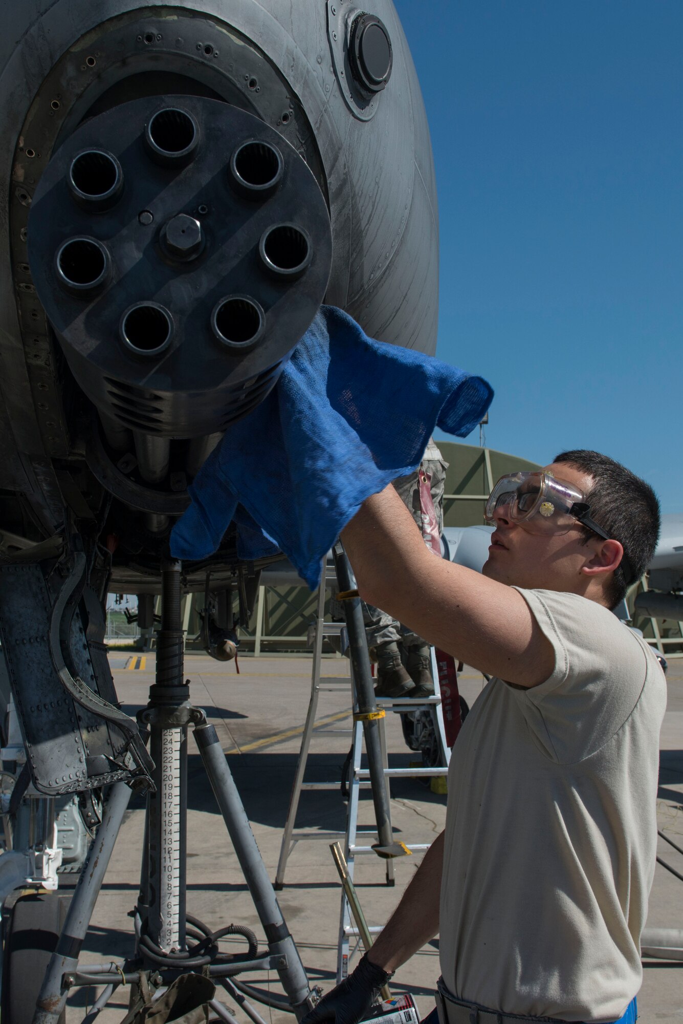 U.S. Air Force Staff Sgt. Stephans Doherty, 447th Expeditionary Aircraft Maintenance Squadron aircraft armament systems journeyman, sprays sealant onto the barrels of a GAU-8/A Avenger rotary cannon April 5, 2017, at Incirlik Air Base, Turkey. The barrels were sealed to prevent weathering during use. (U.S. Air Force photo by Airman 1st Class Devin M. Rumbaugh) 