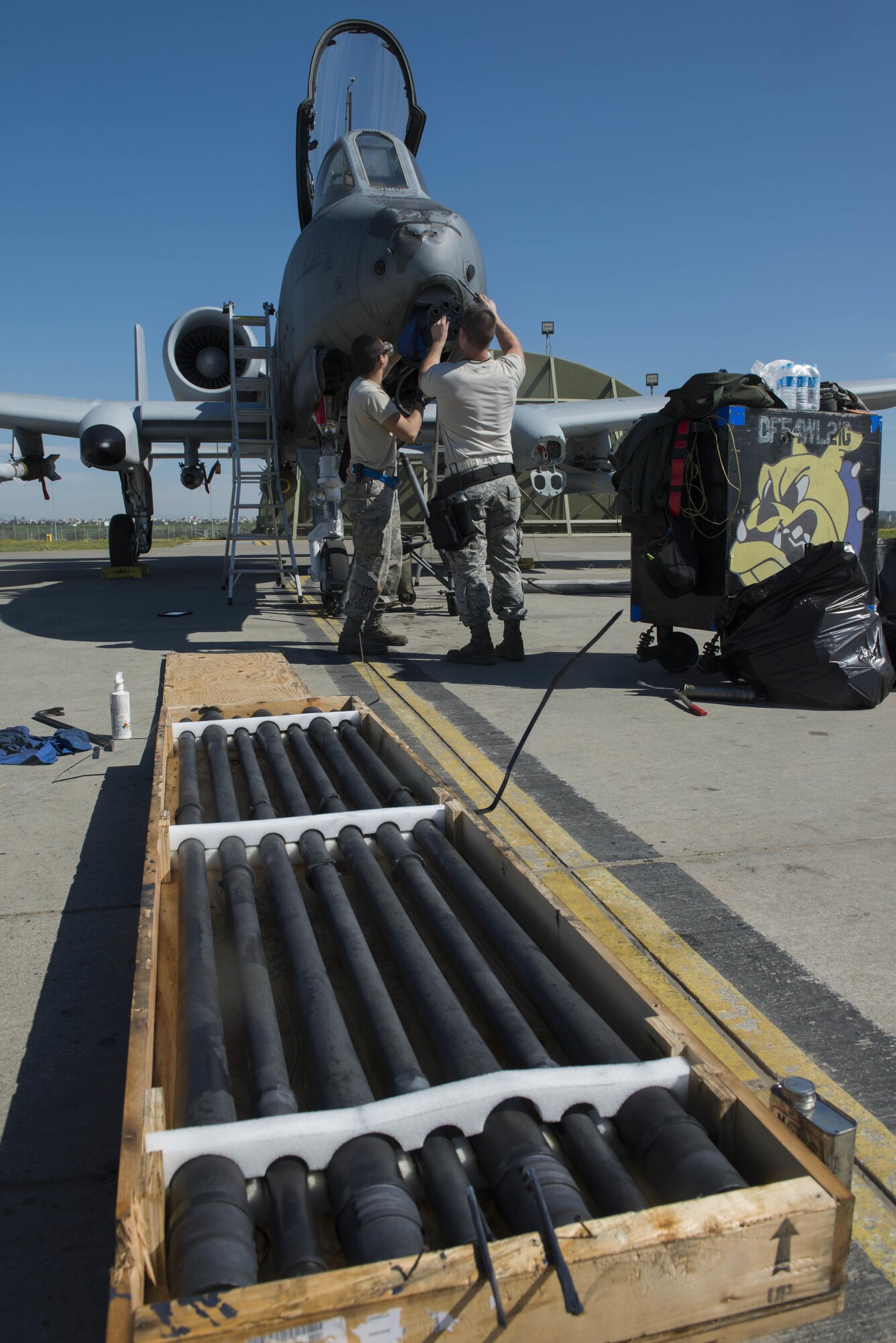 U.S. Air Force Staff Sgt. Stephans Doherty (left) and Senior Airman Nathaniel Awrey, both 447th Expeditionary Aircraft Maintenance Squadron aircraft armament systems journeyman, reassemble an A-10 Thunderbolt II GAU-8/A Avenger rotary cannon April 5, 2017, at Incirlik Air Base, Turkey. The seven barrels are inspected to ensure functionality and are replaced after 30 thousand rounds are fired through them. (U.S. Air Force photo by Airman 1st Class Devin M. Rumbaugh)