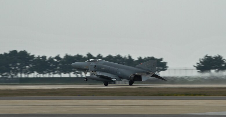 A McDonnell F-4E Phantom II from the 17th Fighter Squadron, Chung Ju Air Base, Republic of Korea takes off during Exercise MAX THUNDER 17 at Kunsan Air Base, Republic of Korea, April 18, 2017. This large-scale employment exercise increases the U.S. and ROK’s ability to work together shoulder-to-shoulder and ultimately enhances the U.S. and ROK capability to maintain peace in the region. (U.S. Air Force photo by Senior Airman Colville McFee/Released)
