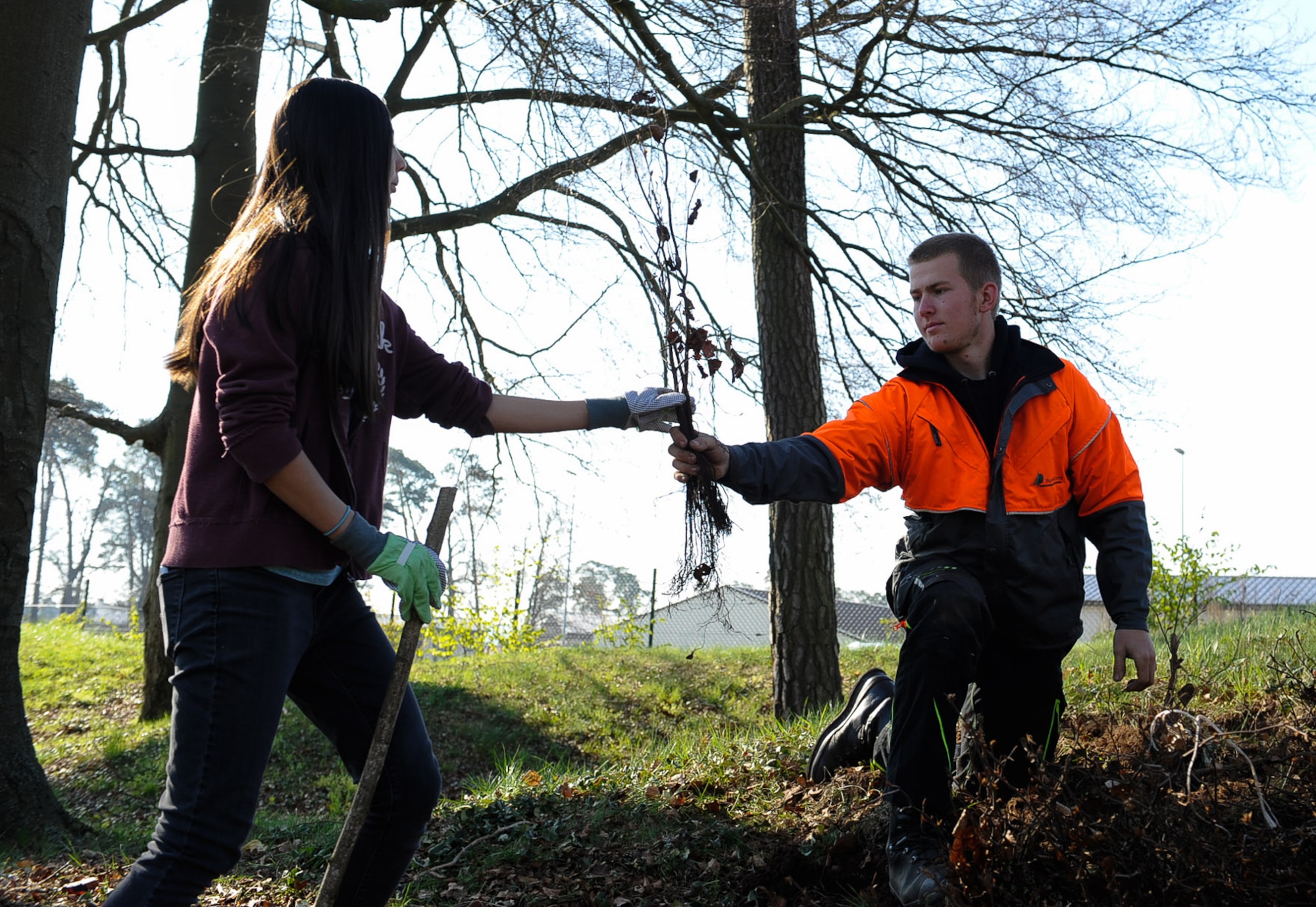 Jonas Scheidhauer (right), federal forest department apprentice, hands a tree to a Kaiserslautern Military Community student on Ramstein Air Base, Germany, April 21, 2017. Students, 86th Civil Engineer Group, and federal forest departments celebrated Earth Day by planting more than 1,500 trees on base. (U.S. Air Force photo by Airman 1st Class Savannah L. Waters)