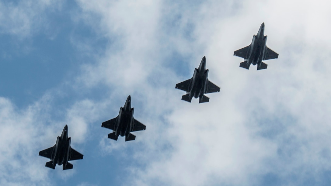 F-35B Lighting II aircraft fly in formation during a training exercise with Airborne Tactical Advantage Company at Marine Corps Air Station Beaufort, April 14, 2017. The Marine Fighter Attack Training Squadron utilized ATAC to train their pilots in anti-aircraft warfare. ATAC provided the adversary air presentation for VMFAT-501. The F-35B aircraft are with VMFAT-501.