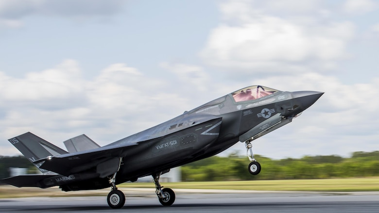 An F-35B Lighting II aircraft lands during a training exercise with Airborne Tactical Advantage Company at Marine Corps Air Station Beaufort, April 14, 2017. The Marine Fighter Attack Training Squadron utilized ATAC to train their pilots in anti-aircraft warfare. ATAC provided the adversary air presentation for VMFAT-501. The F-35B is with VMFAT-501.