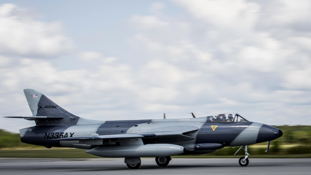 A MK-58 Hawker Hunter prepares to take off at Marine Corps Air Station Beaufort, South Carolina, June 27, 2017. The aircraft is visiting Fightertown to participate in training operations with tenant squadrons. The Hawker Hunter is with the Airborne Tactical Advantage Company. Marine Fighter Attack Training Squadron utilized ATAC to train their pilots in anti-aircraft warfare. ATAC provided the adversary air presentation for VMFAT-501. The Hawker is with ATAC.