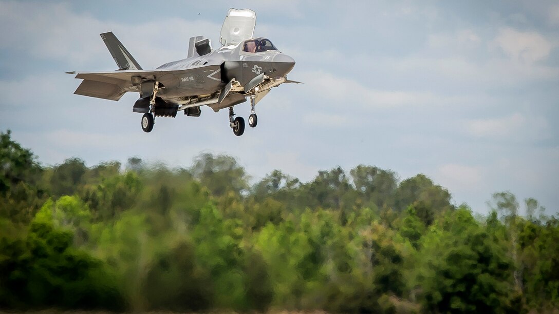 An F-35B Lighting II aircraft prepares to land during a training exercise with Airborne Tactical Advantage Company at Marine Corps Air Station Beaufort, April 14, 2017. Marine Fighter Attack Training Squadron utilized ATAC to train their pilots in anti-aircraft warfare. ATAC provided the adversary air presentation for VMFAT-501. The F-35B is with VMFAT-501.