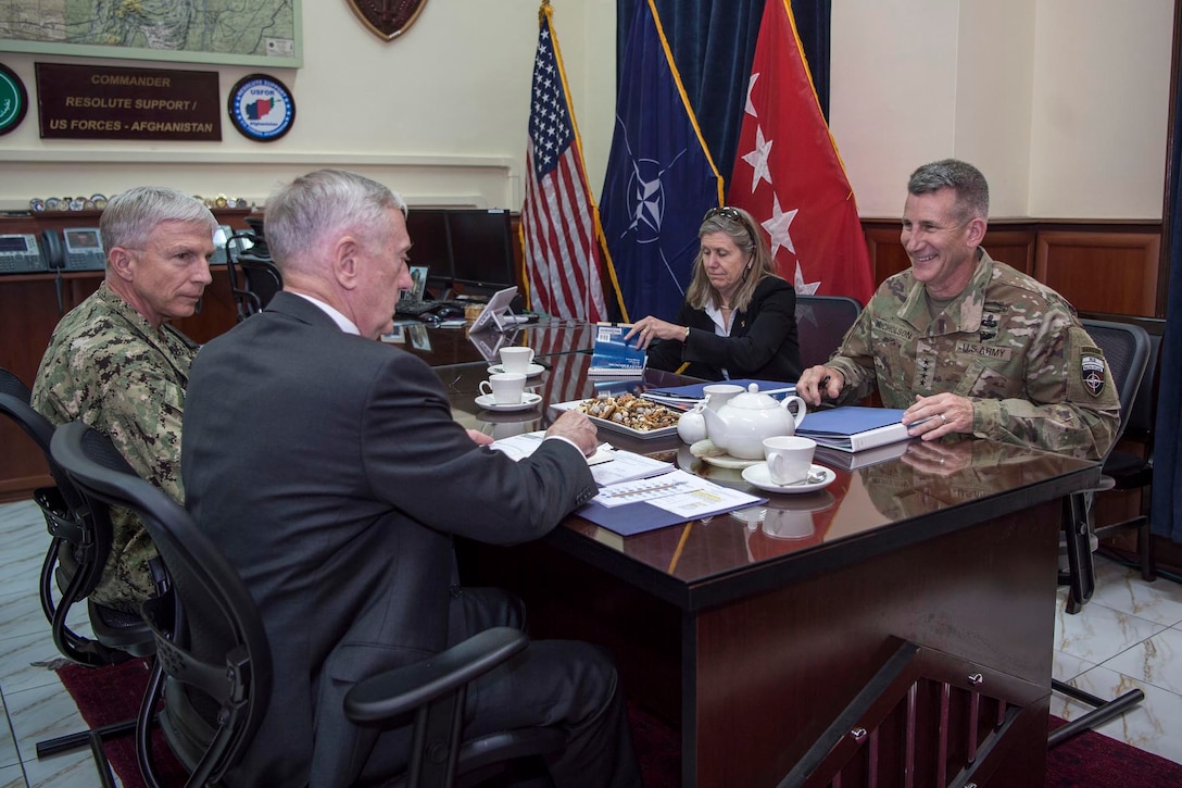 Defense Secretary Jim Mattis meets with Army Gen. John W. Nicholson Jr., right, commander of NATO's Resolute Support mission, in Kabul, Afghanistan, April 24, 2017. Navy Rear Adm. Craig S. Faller, the secretary's senior military assistant, and Sally Donnelly, the secretary's senior advisor, participated in the meeting. DoD photo by Air Force Tech. Sgt. Brigitte N. Brantley