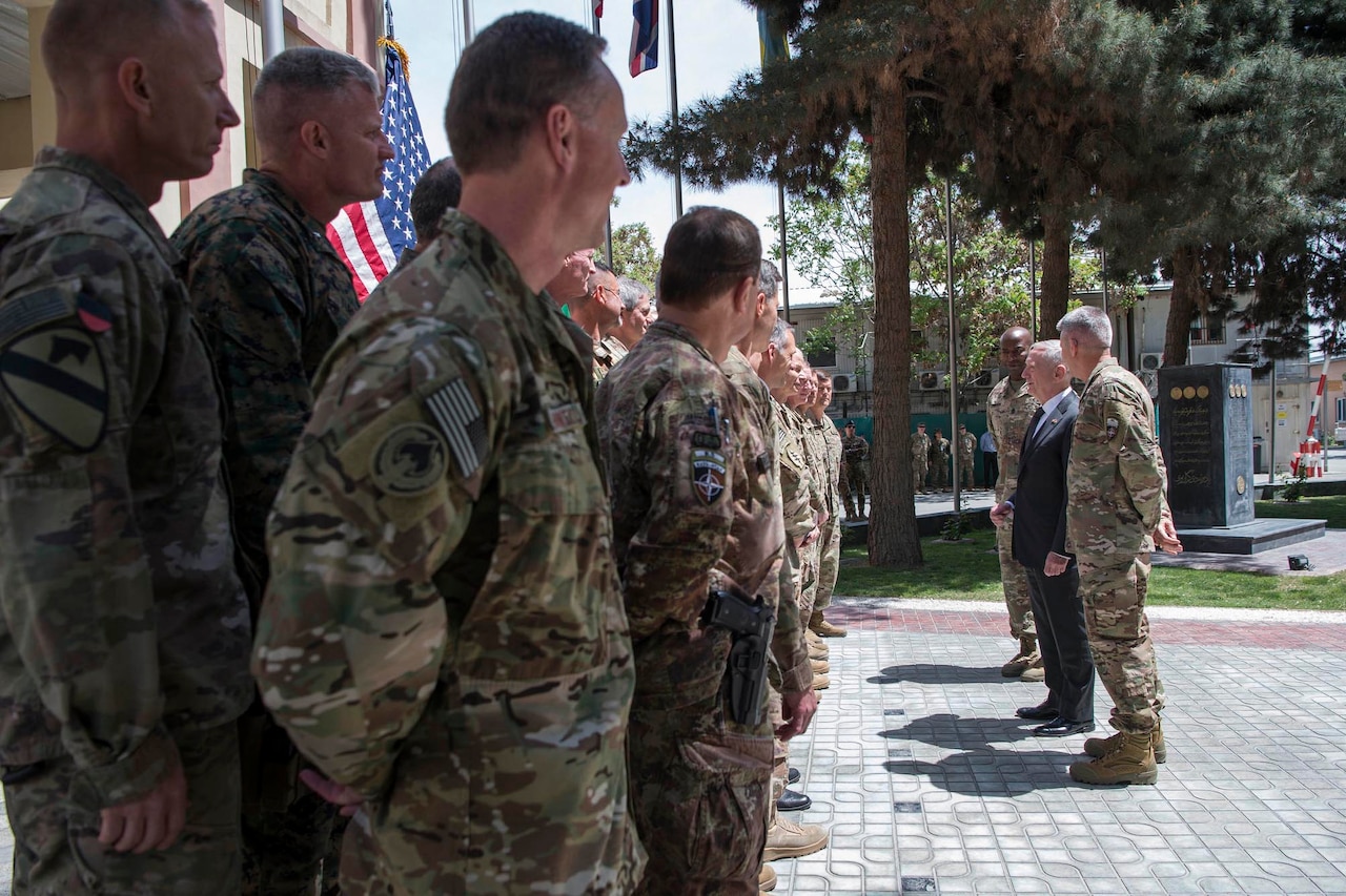 Defense Secretary Jim Mattis and Army Gen. John Nicholson, Resolute Support commander, meet with some of the mission's senior leaders and commad staff at the Resolute Support Headquarters in Kabul, Afghanistan, April 24, 2017. DoD photo by Air Force Tech. Sgt. Brigitte N. Brantley
