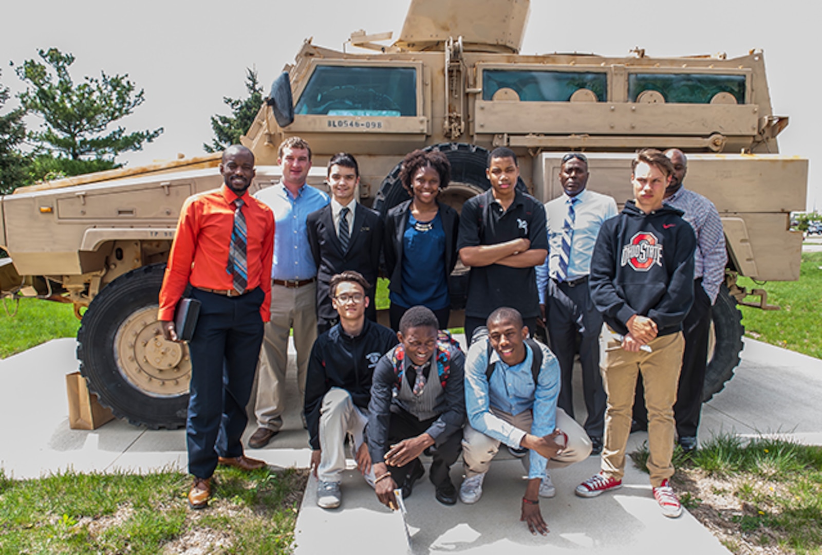 Local high school students learn about the types of military equipment DLA purchases to support warfighters around the world during a visit to Defense Supply Center Columbus for "A day in the life of a mentor" event on Apr. 20.