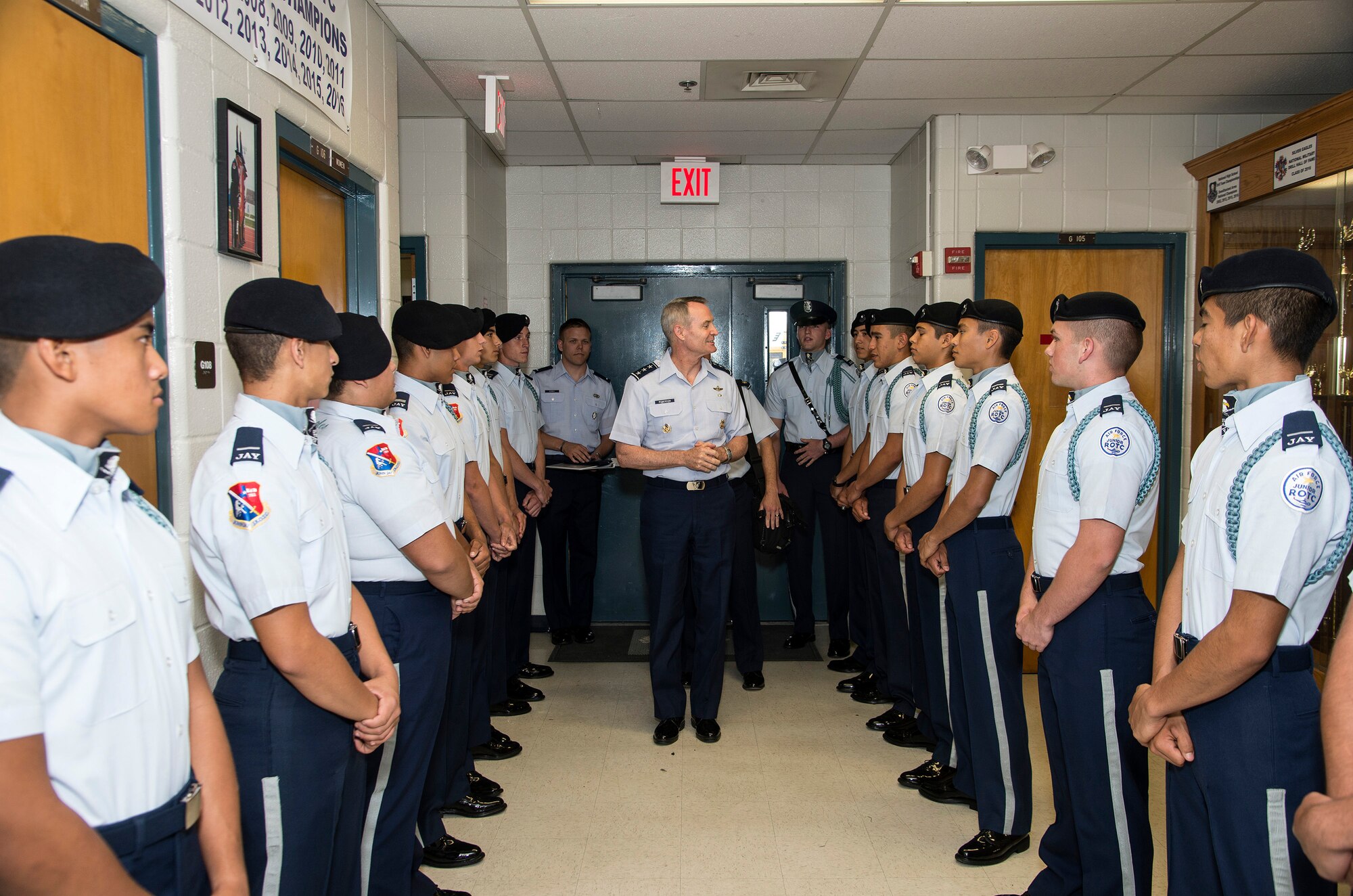 U.S. Air Force Lt. Gen. Darryl Roberson, commander Air Education and Training Command meets Junior Reserve Officer Training Corps cadets April 19 at John Jay High School in San Antonio, Texas. Roberson was inducted as an honorary Silver Eagle, making him the fourth person to receive the honorary title. (U.S. Air Force photo by Johnny Saldivar)