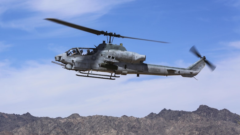 An AH-1Z Viper prepares to land during forward arming refueling point operations as part of Assault Support Training 1 in support of the semiannual Weapons and Tactics Instructor Course 2-17, at the Chocolate Mountain Aerial Gunnery Range, California, April 17. Lasting seven weeks, WTI is a training evolution hosted by Marine Aviation and Weapons Tactics Squadron 1 which provides standardized advanced and tactical training and certification of unit instructor qualifications to support Marine aviation training and readiness.