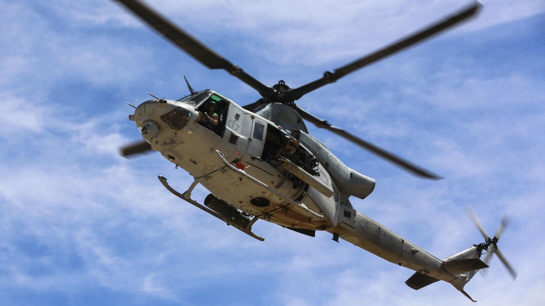 A UH-1Y Huey prepares to land during forward arming refueling point operations as part of Assault Support Training 1 in support of the semiannual Weapons and Tactics Instructor Course 2-17, at the Chocolate Mountain Aerial Gunnery Range, California, April 17. Lasting seven weeks, WTI is a training evolution hosted by Marine Aviation and Weapons Tactics Squadron 1 which provides standardized advanced and tactical training and certification of unit instructor qualifications to support Marine aviation training and readiness. 