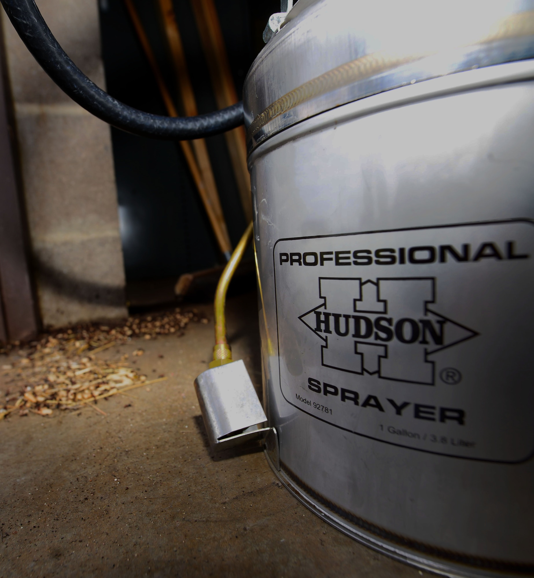 A Hudson one gallon sprayer is prepared for an ant infestation inside the 28th Maintenance Squadron at Ellsworth Air Force Base, S.D., April 7, 2017. The 28th Civil Engineer Squadron pest management shop facilitates a large array of pests including ants, fox and snakes. (U.S. Air Force photo by Airman 1st Class Donald C. Knechtel)