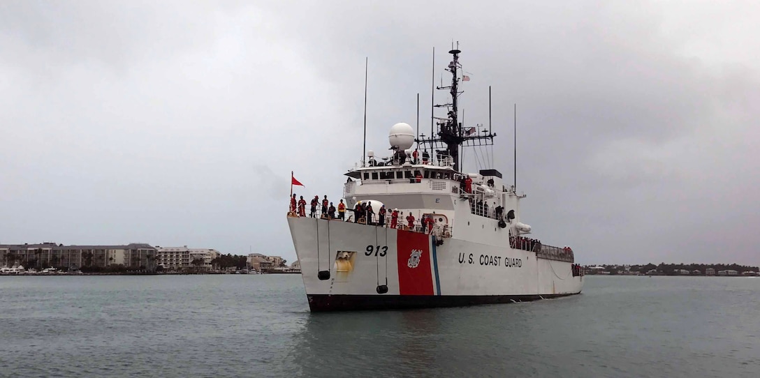 The Coast Guard Cutter Mohawk pulls into port April 22, 2017, in Key West, Florida, following a three-month patrol in the Eastern Pacific. The cutter seized approximately 12,000 kilograms of cocaine with an estimated street value of over $390 million. (Coast Guard photo by Eric D. Woodall)