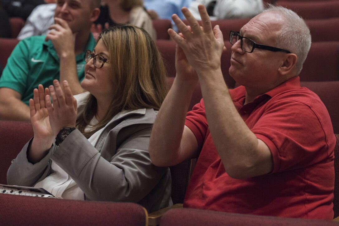 Audience members applaud during a Jazz Heritage Series concert in Alexandria, Va., April 20, 2017. U.S. Air Force Band Airmen of Note established the series in 1990, which is broadcast to millions each year through National Public Radio, independent jazz radio stations, satellite radio services and the internet. (U.S. Air Force photo by Airman 1st Class Valentina Lopez)