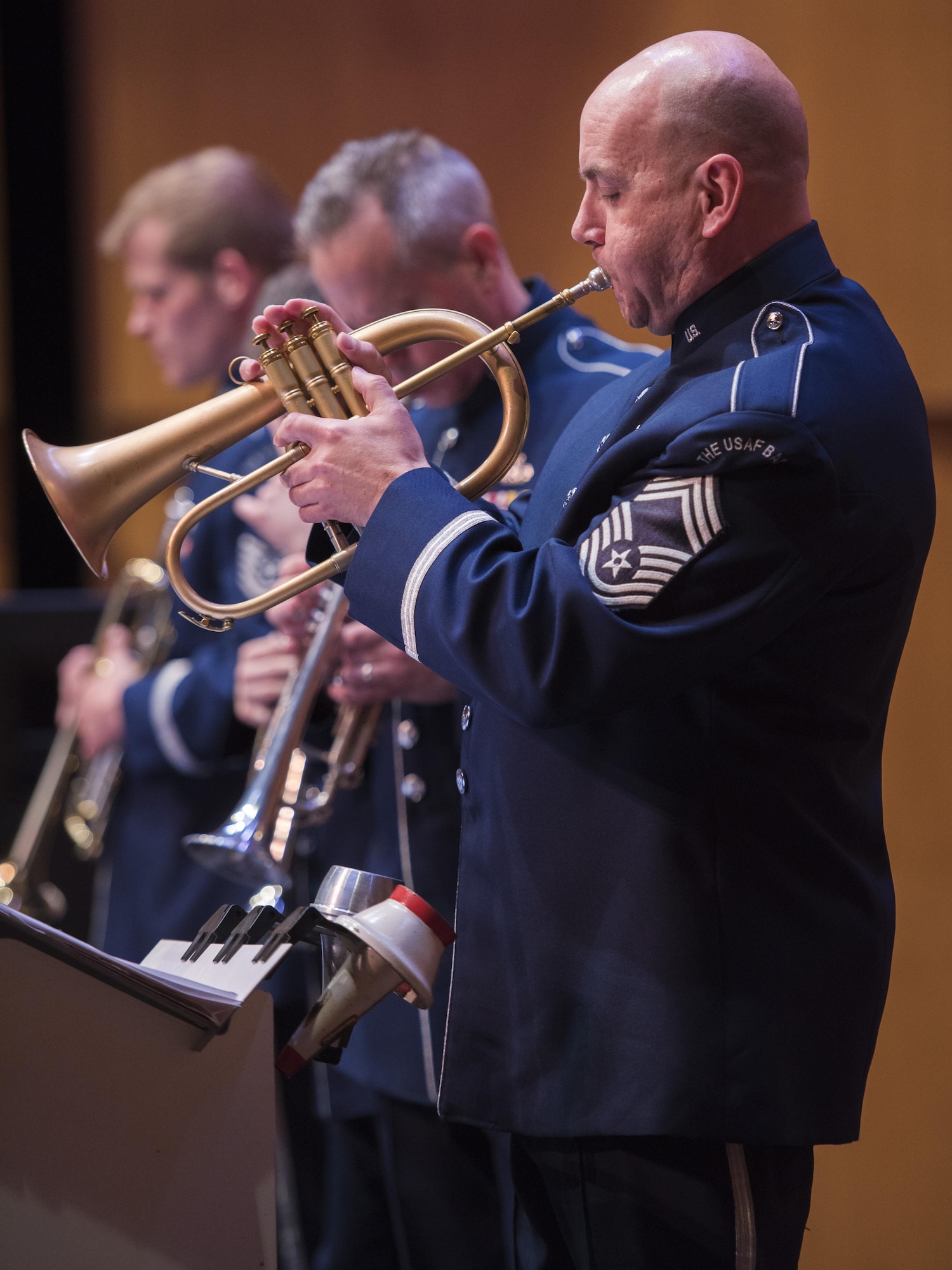 Chief Master Sgt. Timothy Leahey, U.S. Air Force Band trumpeter, performs during a Jazz Heritage Series concert in Alexandria, Va., April 20, 2017. The annual series features the Airmen of Note in concert alongside renowned jazz artists. (U.S. Air Force photo by Airman 1st Class Valentina Lopez)