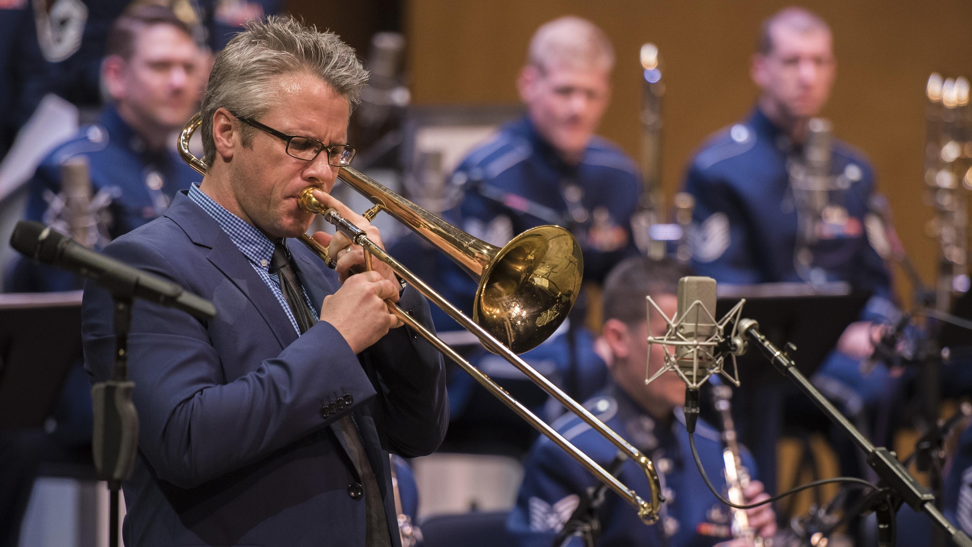 Marshall Gilkes, guest jazz trombonist, performs during a Jazz Heritage Series concert in Alexandria, Va., April 20, 2017. Gilkes is an accomplished musician, was nominated for two Grammy Awards and voted “Rising Star” by DownBeat Magazine's Critics Poll multiple occasions. He is one of many jazz icons who have participated in the series, which began in 1990. (U.S. Air Force photo by Airman 1st Class Valentina Lopez)