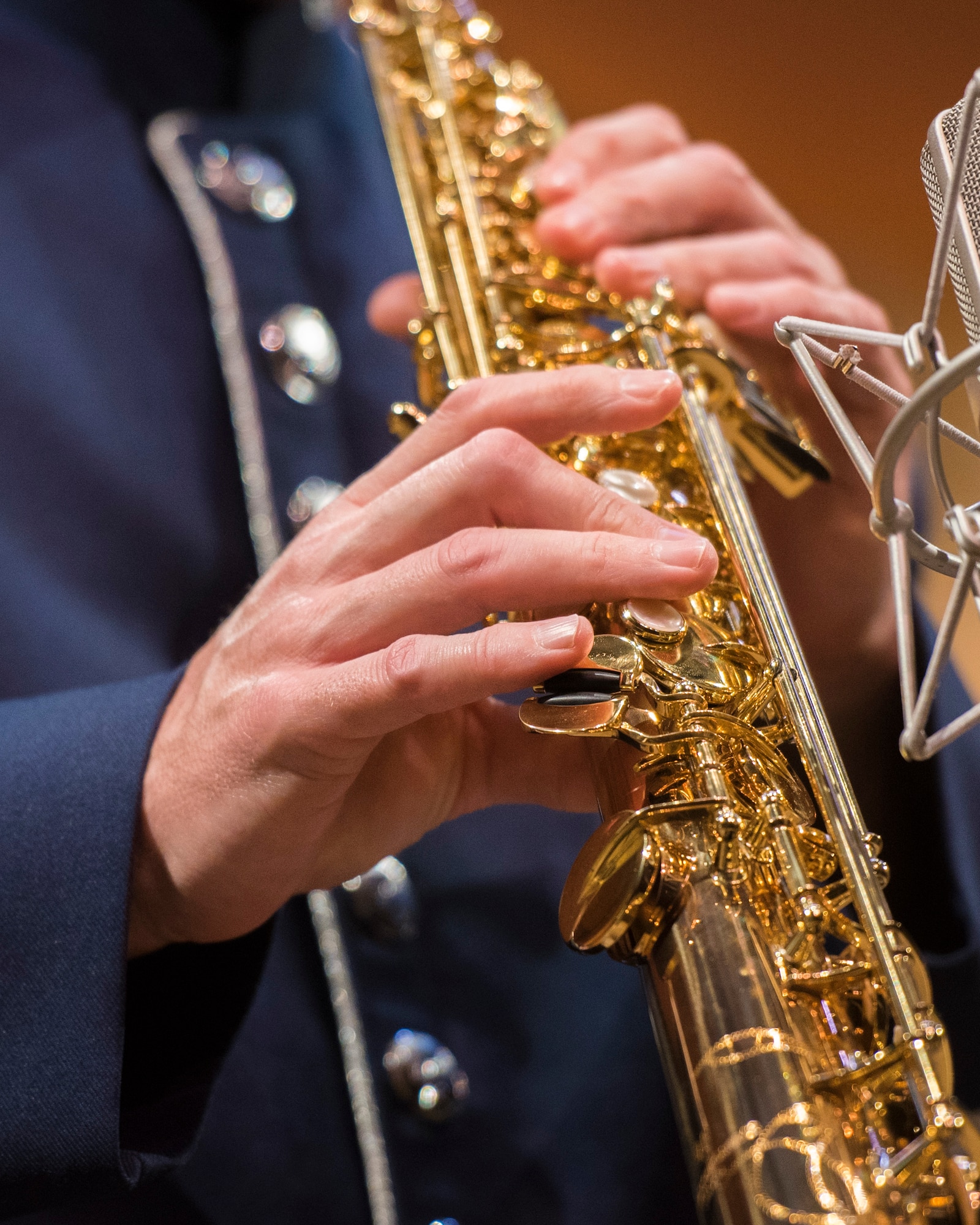 A U.S. Air Force Band member plays the soprano saxophone during a Jazz Heritage Series concert in Alexandria, Va., April 20, 2017. In 1990, the Air Force Band established the jazz heritage series, featuring the Airmen of Note in concert with well-known jazz icons. (U.S. Air Force photo by Airman 1st Class Valentina Lopez)