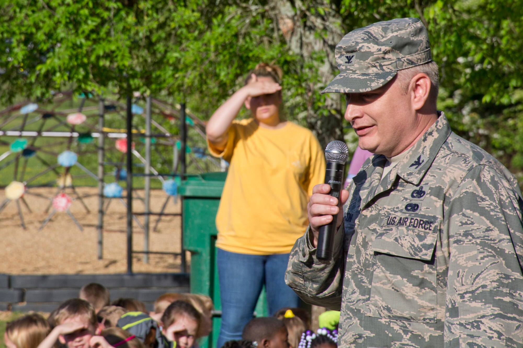 U.S. Air Force Col. Frank Marconi, acting vice commander, 19th Airlift Wing, challenges students to learn how to take better care of the environment during the Earth Day Expo held at Arnold Drive Elementary School April 20, 2017, at Little Rock Air Force Base, Ark. Marconi addressed the students, who gathered to learn about conservation in commemoration of Earth Day 2017. (U.S. Air Force photo by Master Sgt. Jeff Walston/Released)