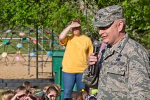 U.S. Air Force Col. Frank Marconi, acting vice commander, 19th Airlift Wing, challenges students to learn how to take better care of the environment during the Earth Day Expo held at Arnold Drive Elementary School April 20, 2017, at Little Rock Air Force Base, Ark. Marconi addressed the students, who gathered to learn about conservation in commemoration of Earth Day 2017. (U.S. Air Force photo by Master Sgt. Jeff Walston/Released)
