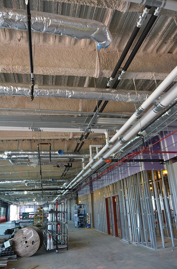 Work on the DLA Aviation Operations Center is progressing April 12, 2017 with occupancy planned for January 2018.  Construction workers are installing interior electrical, plumbing and fire protection systems.