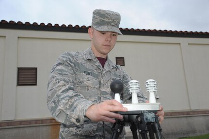 Airman 1st Class David Flint, 359th Aerospace Medicine Squadron, sets up the thermal environmental monitor at Joint Base San Antonio-Randolph, April 21, 2017.  The monitor measures humidity, ambient temperature and radiant heat.  