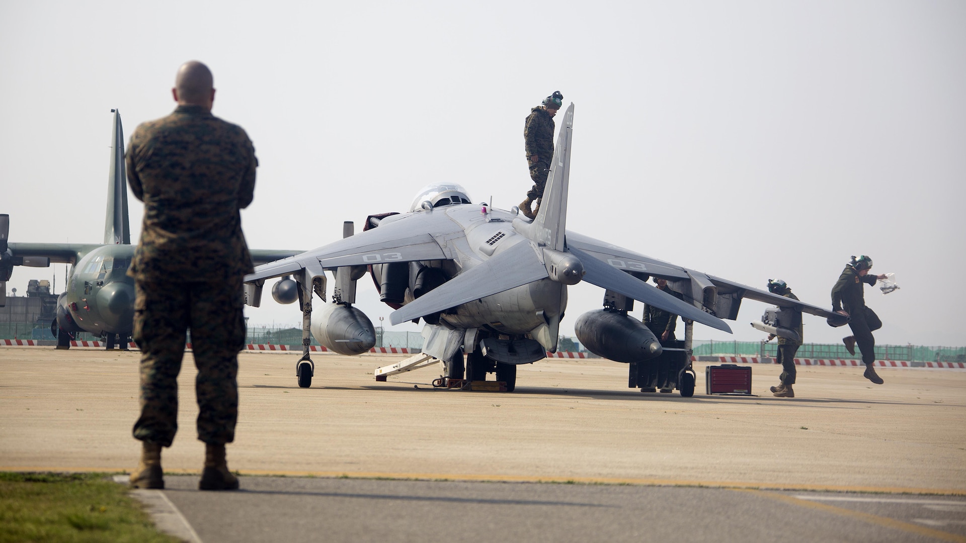 U.S. Marines with Marine Attack Squadron (VMA) 311 inspect and conduct maintenance on an AV-8B Harrier during Exercise MAX THUNDER 17 at Kunsan Air Base, Republic of Korea, April 18, 2017. Max Thunder serves as an opportunity for U.S. and ROK forces to train together and sharpen tactical skills for the defense of the Asia-Pacific region. It is an annual military-flying exercise built to promote interoperability between U.S. and ROK forces. 