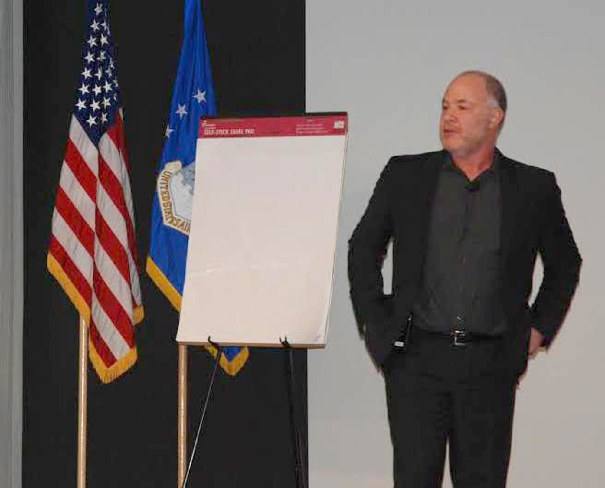 Dr. Jackson Katz, internationally known author, filmmaker, educator and cultural theorist, visits Peterson Air Force Base, Colo., April 12. Katz was a guest of Air Force Space Command’s Sexual Assault Prevention Response Office as part of Sexual Assault Awareness and Prevention Month activities. He spoke about the need to focus on the role men play in sexual abuse and domestic violence to promote prevention. (U.S. Air Force Photo by Dave Smith)