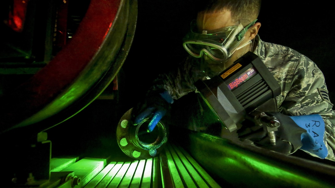 Air Force Senior Airman Ronald Anazco examines a KC-135 Stratotanker part during a training session at Joint Base McGuire-Dix-Lakehurst, N.J., April 22, 2017. Anazco is assigned to the New Jersey Air National Guard’s 108th Maintenance Squadron nondestructive inspection shop. Air National Guard photo by Master Sgt. Matt Hecht/Released