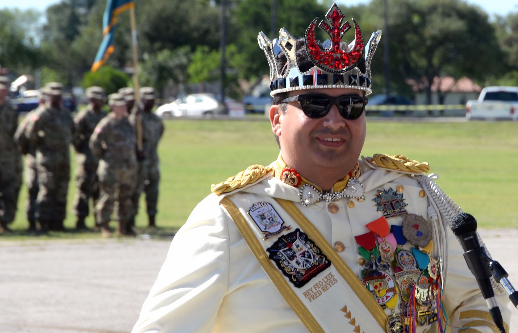 El Rey Feo LXIX Fred Reyes delivers remarks during the Fiesta and Fireworks reception at Joint Base San Antonio-Fort Sam Houston April 23.