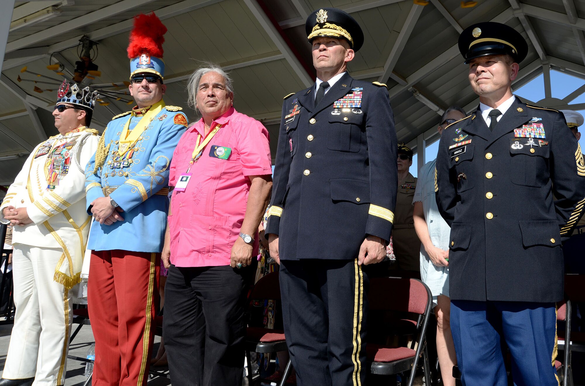 Fiesta royalty joins Joint Base San Antonio-Fort Sam Houston leaders at the Fiesta and Fireworks event April 23. From left are El Rey Feo LXIX Fred Reyes, King Antonio Michael A. Casillas, Fiesta San Antonio president Ernest J. De Luna, U.S. Army North commander Lt. Gen. Jeffrey Buchanan and ARNORTH Command Sgt. Maj. Roland Orosz.