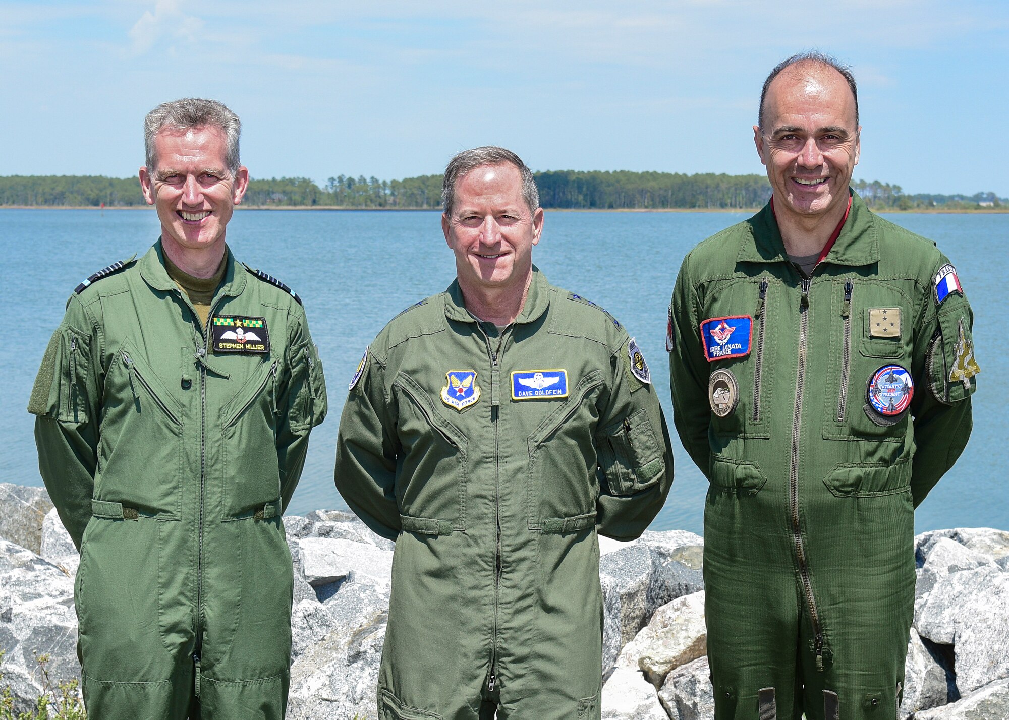 (From left) Royal air force Air Chief Marshal Sir Stephen Hillier, U.S. Air Force Chief of Staff David Goldfein and French air force Chief of Staff André Lanata pose for a photo during the ATLANTIC TRIDENT 17 World War I Remembrance Day at Joint Base Langley-Eustis, Va., April 21, 2017. The event included a demonstration by the F-22 Raptor Demonstration Team, and the French air force’s Dassault Rafale and aerial demonstration team, Patrouille de France. (U.S. Air Force photo/Airman 1st Class Tristan Biese)