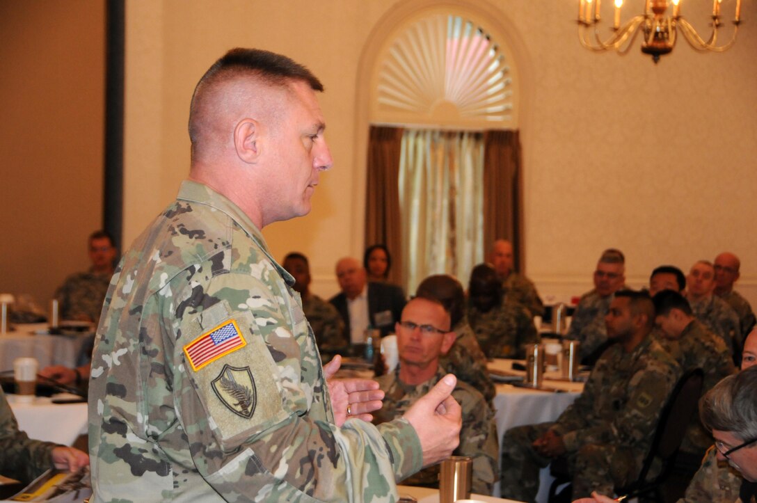 Maj. Gen. Troy D. Kok, commanding general for the U.S. Army Reserve’s 99th Regional Support Command, speaks to commanders and command sergeants major April 22 at the Recruiting Reserve Partnership Council on Fort George G. Meade, Maryland.  The R2PC focused on building mutually supportive relationships between United States Army Recruiting Command, United States Army Reserve Troop Program Unit, civilian partners and all other Department of Defense partners throughout the U.S. Army 1st Recruiting Brigade’s footprint.