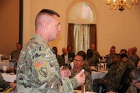 Maj. Gen. Troy D. Kok, commanding general for the U.S. Army Reserve’s 99th Regional Support Command, speaks to commanders and command sergeants major April 22 at the Recruiting Reserve Partnership Council on Fort George G. Meade, Maryland.  The R2PC focused on building mutually supportive relationships between United States Army Recruiting Command, United States Army Reserve Troop Program Unit, civilian partners and all other Department of Defense partners throughout the U.S. Army 1st Recruiting Brigade’s footprint.