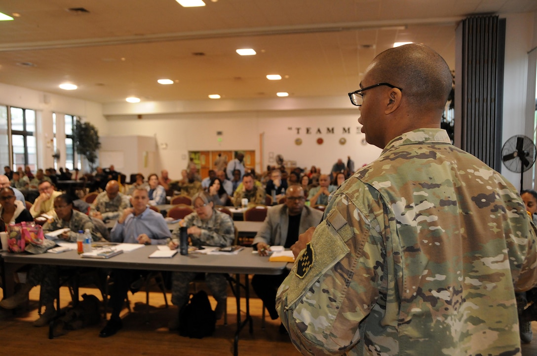 Master Sgt. Kevin Watts, retirement services office NCO for the U.S. Army Reserve's 99th Regional Support Command, addresses personnel April 22 at a pre-retirement brief at Fort George G. Meade, Maryland.  The event was attended by Soldiers and spouses interested in receiving the latest information to assist in retirement preparation.  The 99th RSC periodically conducts briefings throughout its 13-state region and Europe to allow for direct assistance to multiple individuals at the same time.