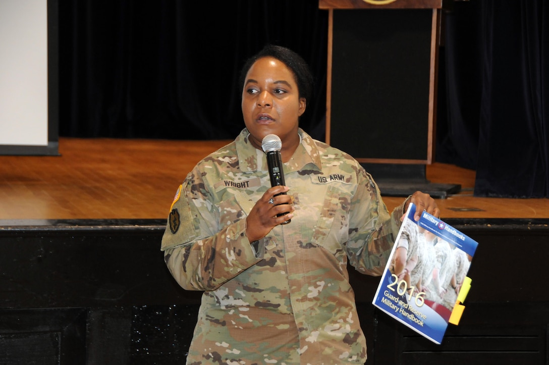 Maj. Quana Wright, retirement services officer for the U.S. Army Reserve's 99th Regional Support Command, addresses personnel April 22 at a pre-retirement brief at Fort George G. Meade, Maryland.  The event was attended by Soldiers and spouses interested in receiving the latest information to assist in retirement preparation.  The 99th RSC periodically conducts briefings throughout its 13-state region and Europe to allow for direct assistance to multiple individuals at the same time.