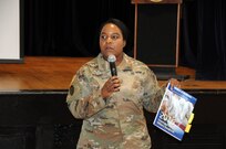 Maj. Quana Wright, retirement services officer for the U.S. Army Reserve's 99th Regional Support Command, addresses personnel April 22 at a pre-retirement brief at Fort George G. Meade, Maryland.  The event was attended by Soldiers and spouses interested in receiving the latest information to assist in retirement preparation.  The 99th RSC periodically conducts briefings throughout its 13-state region and Europe to allow for direct assistance to multiple individuals at the same time.