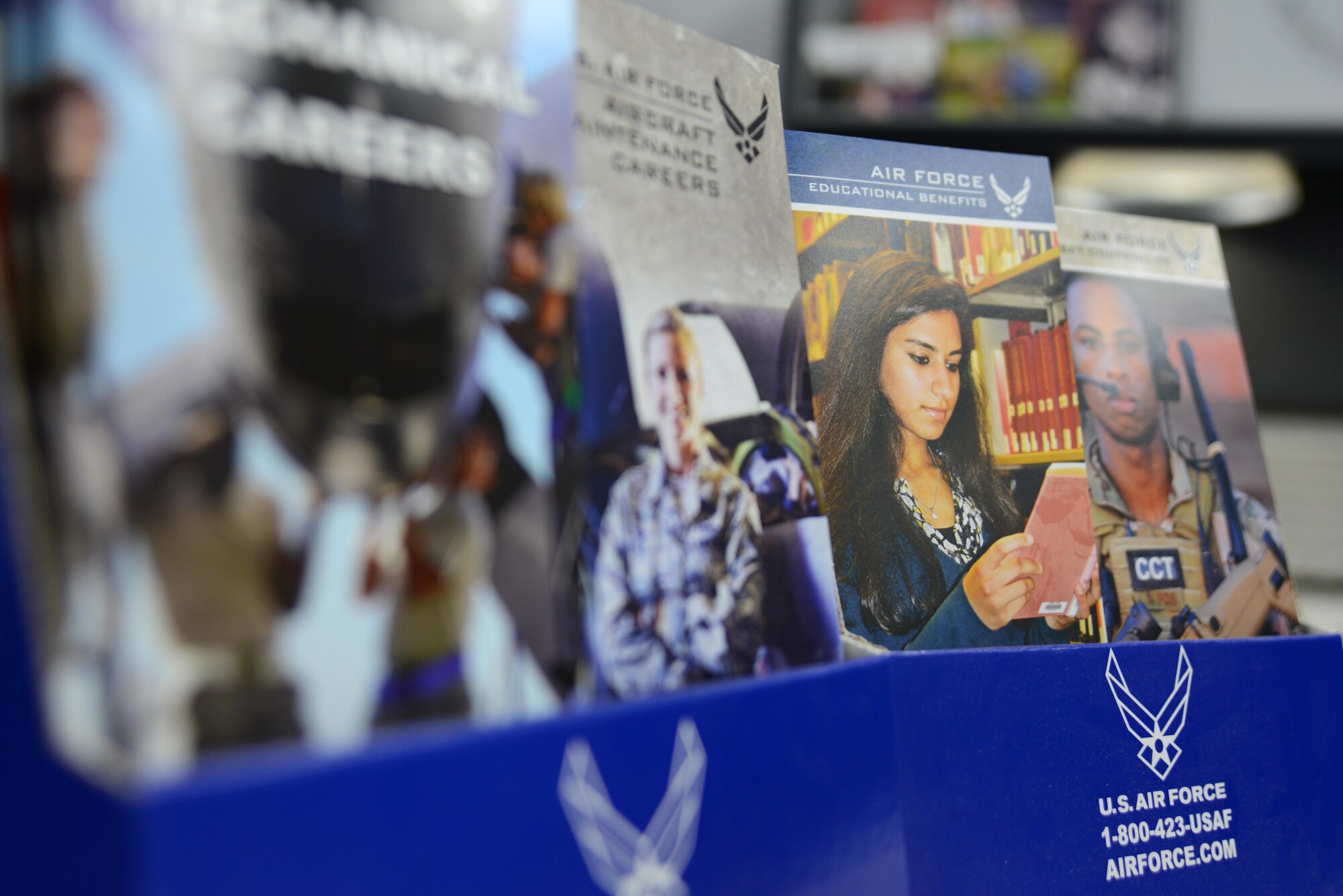 U.S. Air Force career brochures are displayed on an Air Force recruiter’s desk in a recruiting office at Sumter, S.C., April 14, 2017. The brochures provide information to potential Airmen about specific requirements for different career fields and what each field does regularly. (U.S. Air Force photo by Airman 1st Class Kathryn R.C. Reaves)