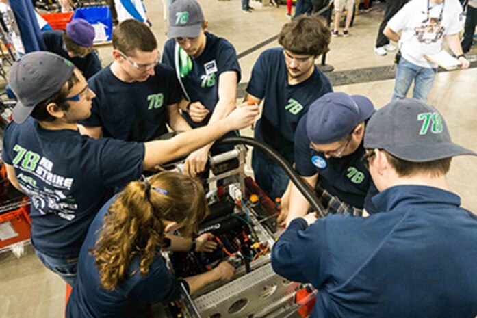 AIR STRIKE 78, a FIRST robotics team sponsored by the NUWC Division Newport, tweaked the robot they designed and built as they prepared to compete in the New England District Championship held at the University of New Hampshire, April 7-8.