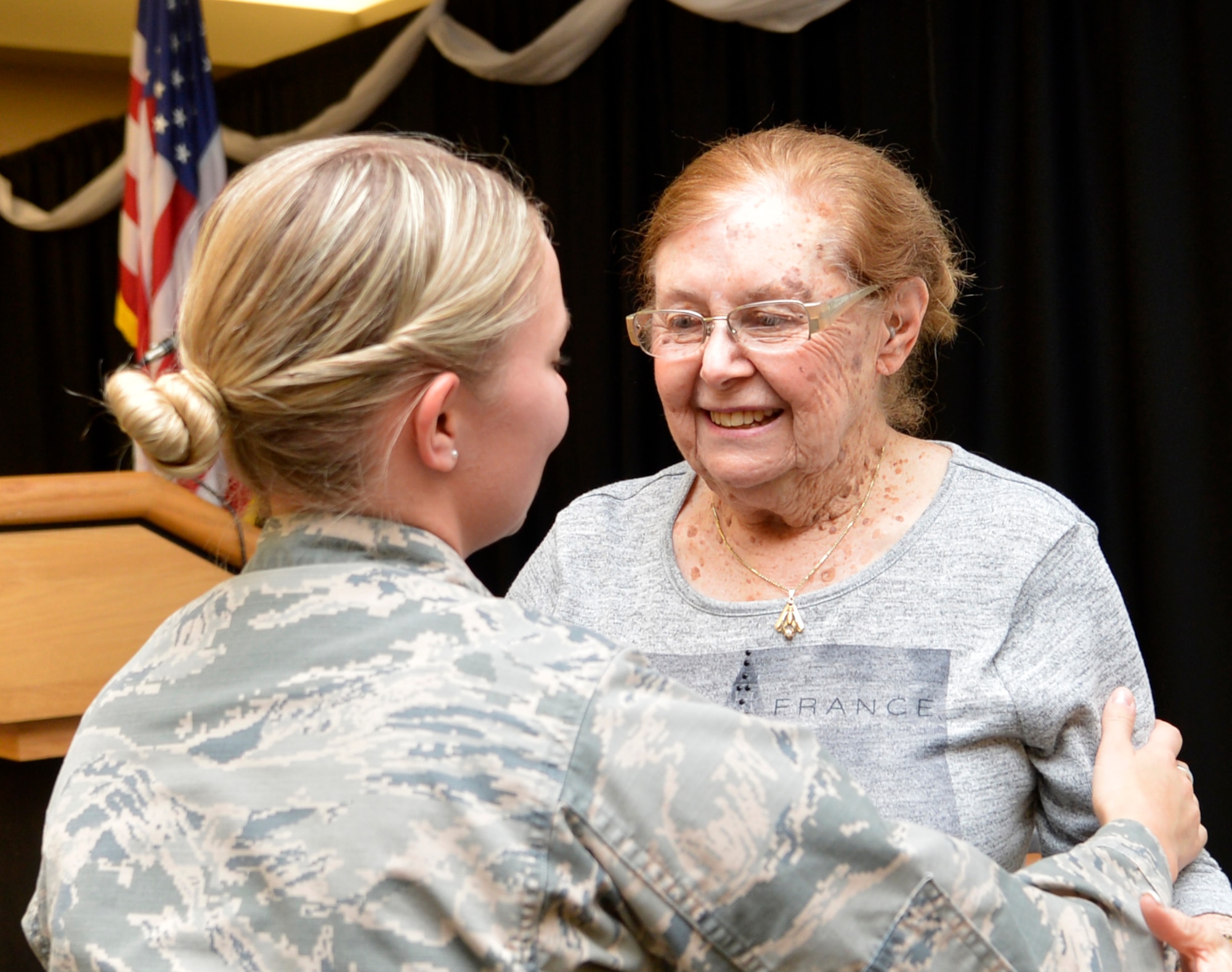Charlotte Adelman meets with Airmen during the Days of Remembrance April 20, 2017. Honoring the memory of the lives lost during the atrocities of the Holocaust, Adelman shared her story of survival as a child during the Holocaust. (U.S. Air Force photo by Staff Sgt. Marcy Copeland)