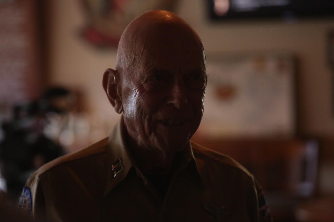MARINE CORPS BASE HAWAII – Jeremy Yellin, a former fighter pilot in the Army Air Corps, visited the Officers Club aboard Marine Corps Base Hawaii, March 16, 2017. Yellin, a World War II veteran, shared his war story and how he dealt with being diagnosed with Post Traumatic Stress Disorder to service members and DoD employees. “I didn’t know I was sick,” Yellin said. “The service members and veterans that commit suicide today don’t know they’re sick.” (U.S. Marine Corps photo by Cpl. Zachary Orr)