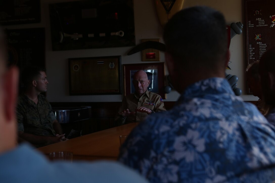 MARINE CORPS BASE HAWAII – Jeremy Yellin, a former fighter pilot in the Army Air Corps, spoke with service members and DoD employees at the Officers Club aboard Marine Corps Base Hawaii, March 16, 2017. Yellin, a World War II veteran, shared his war story and how he dealt with being diagnosed with Post Traumatic Stress Disorder to service members and DoD employees. “The smell of death never left me,” Yellin said. “I can still smell today, what I smelled on Iwo Jima 71 years ago.” (U.S. Marine Corps photo by Cpl. Zachary Orr)