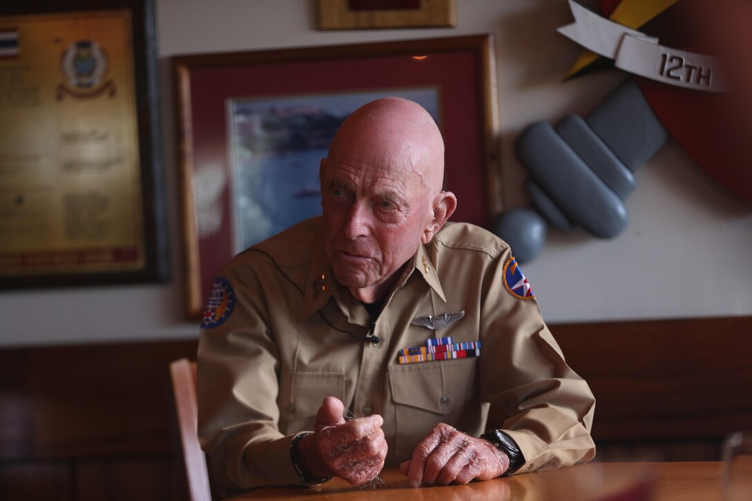 MARINE CORPS BASE HAWAII – Jeremy Yellin, a former fighter pilot in the Army Air Corps, spoke with service members and DoD employees at the Officers Club aboard Marine Corps Base Hawaii, March 16, 2017. Yellin, a World War II veteran, shares his war story and how he dealt with being diagnosed with Post Traumatic Stress Disorder to service members and DoD employees. (U.S. Marine Corps photo by Cpl. Zachary Orr)