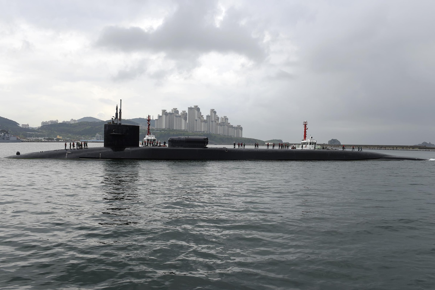 170425-N-WT427-002 BUSAN, Republic of Korea (April 24, 2017) 
The Ohio-class guided-missile submarine USS Michigan (SSGN 727) arrives in Busan for a regularly scheduled port visit while conducting routine patrols throughout the Western Pacific. Michigan is the second submarine of the Ohio-class  of ballistic missile submarines and guided missile submarines, and the third U.S. ship to bear the name. Michigan is home-ported in Bremerton, Wash. and is forwarded deployed from Guam.  (U.S. Navy photo by Mass Communication Specialist 2nd Class Jermaine Ralliford)
