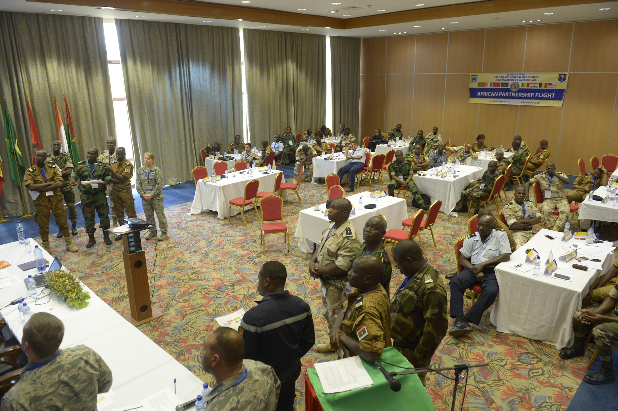 African Partnership Flight participants discuss their solutions to a humanitarian assistance and disaster relief scenario in Ouagadougou, Burkina Faso, April 20, 2017. The intent of APF is to build strong transparent partnerships that enhance regional stability and security through formal alliances, partnerships and simple exchanges of information. (U.S. Air Force photo by Staff Sgt. Jonathan Snyder)