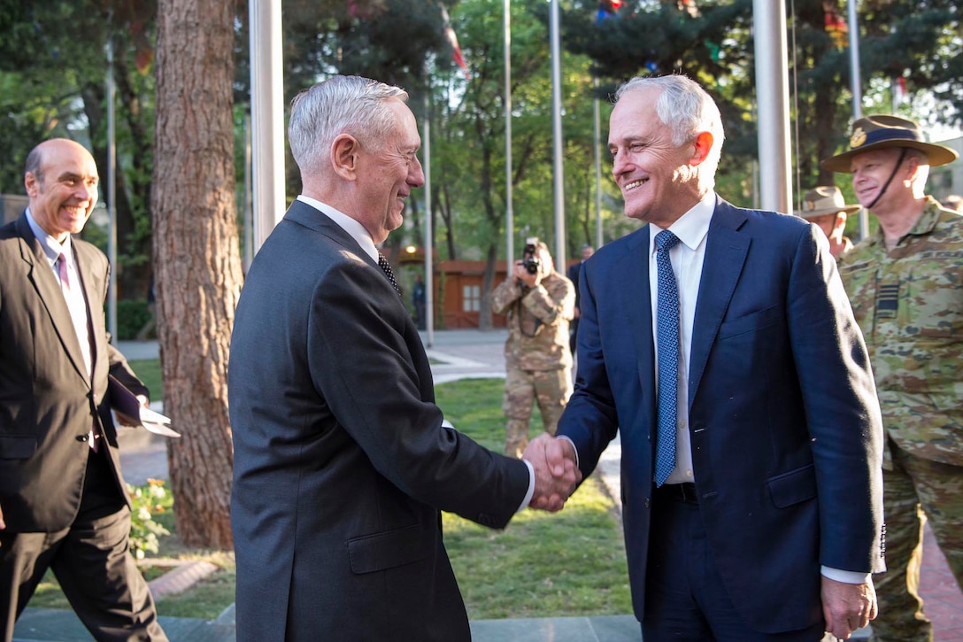 Defense Secretary Jim Mattis shakes hands with Australian Prime Minister Malcolm Turnbull at the Resolute Support Headquarters in Kabul, Afghanistan, April 24, 2017. DoD photo by Air Force Tech. Sgt. Brigitte N. Brantley