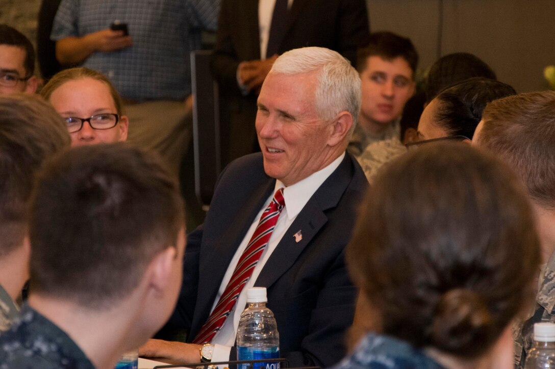 Vice President Mike Pence speaks with troops during a luncheon in Oahu, Hawaii, April 24, 2017. Pence visited Hawaii to thank service members for "answering the call to serve our country," marking the end of his 10-day trip to the Asia-Pacific region. Air Force photo by Master Sgt. Raquel Griffin