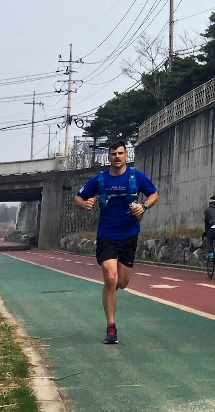 Army Capt. Brandon Carius, a physician assistant from 1st Battalion, 5th Field Artillery Regiment, demonstrated his “fight-tonight” readiness by running about 42 miles from Camp Hovey to Yongsan district, Seoul, South Korea, April 8, 2017. Army photo