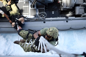 Quartermaster 2nd Class Patrick W. Holmes, assigned to the visit, board, search and seizure (VBSS) team aboard the amphibious dock landing ship USS Carter Hall (LSD 50), climbs up a hook ladder participating in a VBSS drill during exercise Alligator Dagger 17. The exercise provides an opportunity to enhance multilateral capabilities in critical mission sets inherent to the U.S. Navy-Marine Corps, as well as partners and allies in the region. Carter Hall, part of the Bataan Amphibious Ready Group, is deployed to the U.S. 5th Fleet area of operations in support of maritime security operations designed to reassure allies and partners, and preserve the freedom of navigation and the free flow of commerce in the region. 